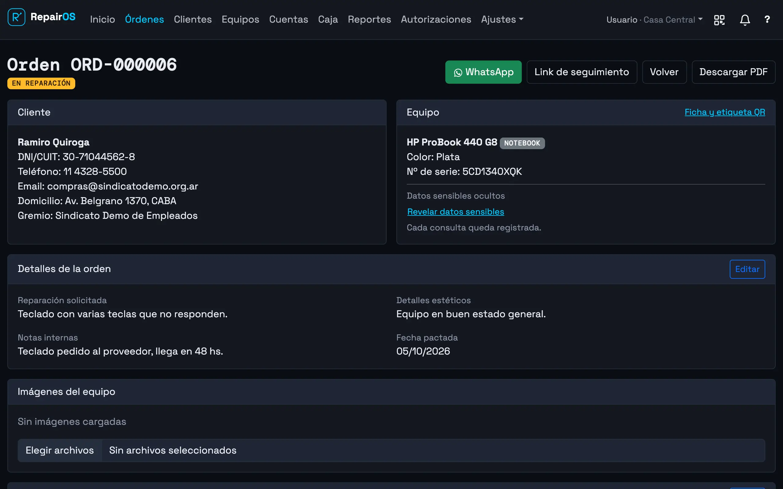 Detalle de una orden de reparación en RepairOS: datos del cliente, equipo, estado y botones para avisar por WhatsApp y descargar el remito