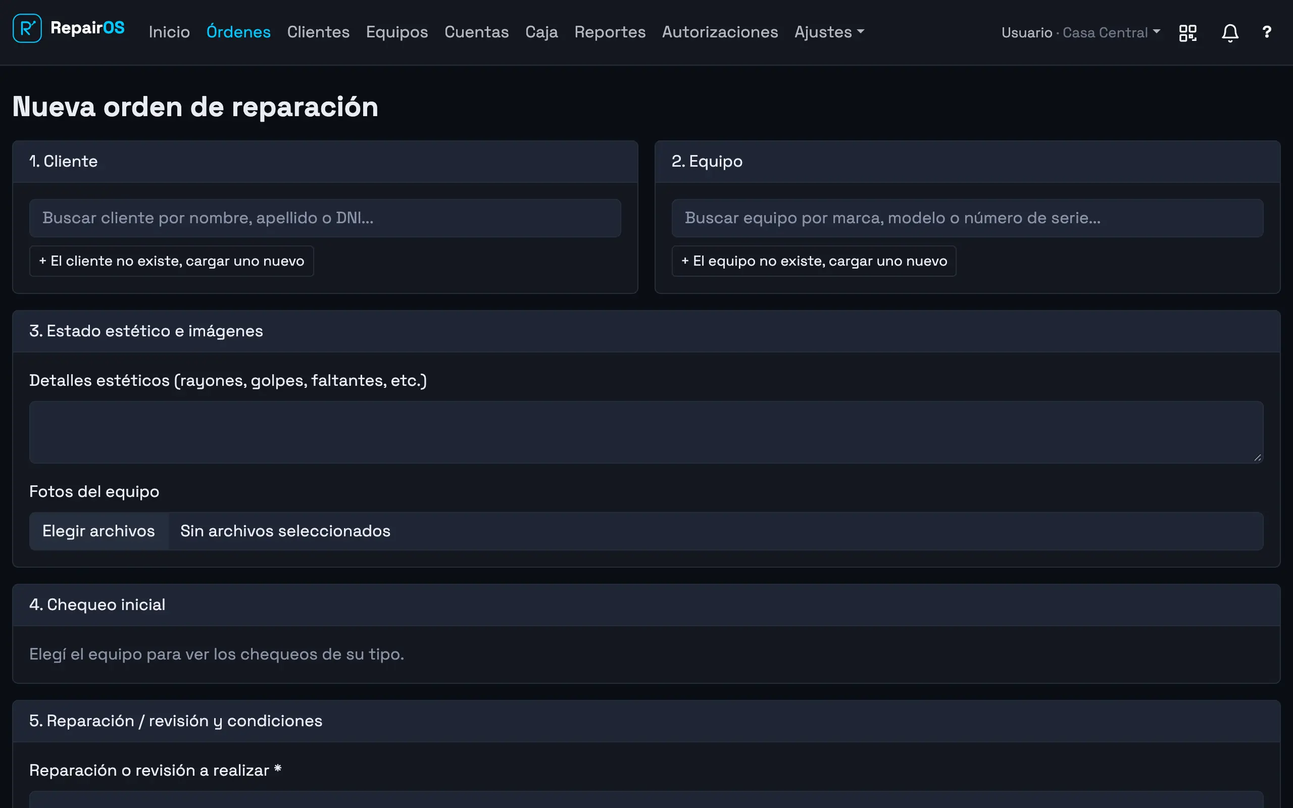 Pantalla de recepción de un equipo en RepairOS: cliente, equipo, estado estético con fotos y checklist inicial