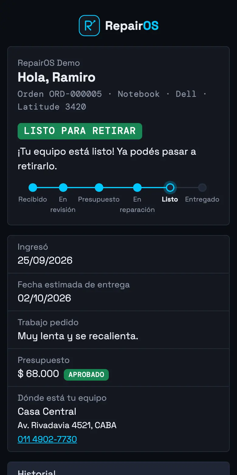Página de seguimiento que ve el cliente en el celular con el estado de su equipo